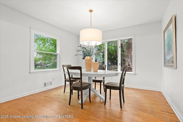 dining room with visible vents, light wood-style flooring, and baseboards