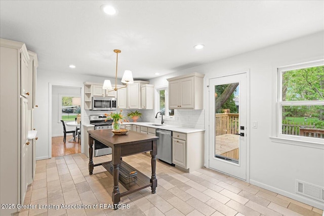 kitchen with stainless steel appliances, visible vents, a sink, light countertops, and tasteful backsplash