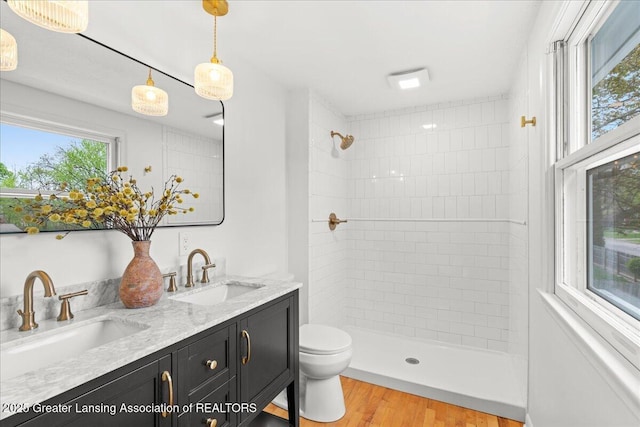 bathroom featuring double vanity, toilet, tiled shower, and a sink