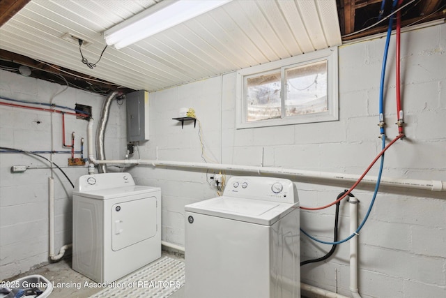 laundry room with washing machine and clothes dryer, laundry area, and electric panel
