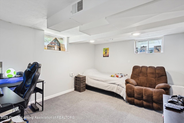 bedroom with carpet flooring, baseboards, and visible vents