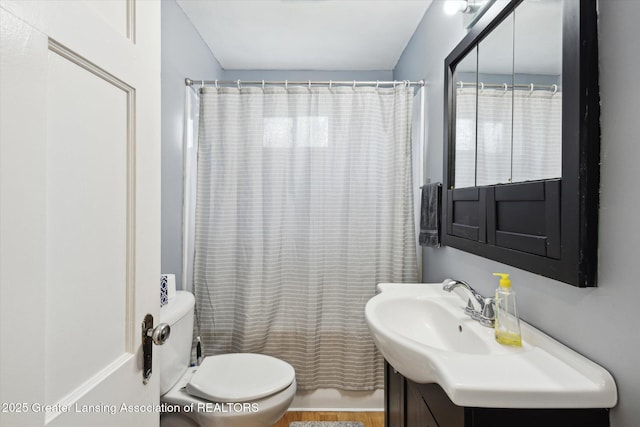 full bath with vanity, toilet, and a shower with curtain