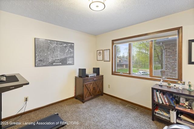 office space with a textured ceiling, baseboards, and carpet floors