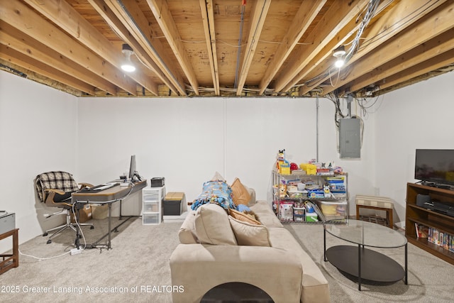 carpeted living area with electric panel