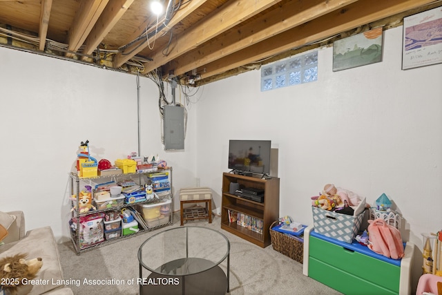 game room with electric panel and carpet