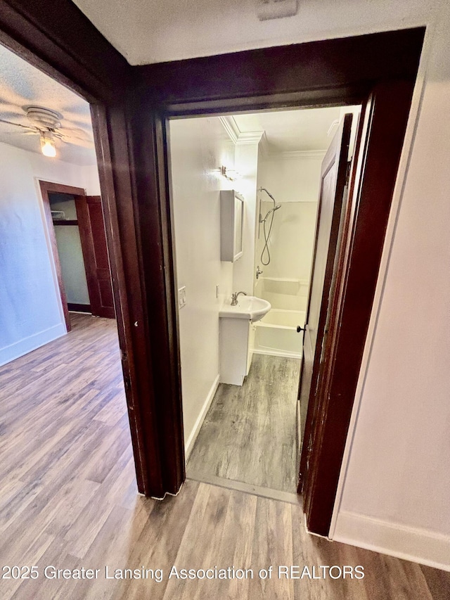 hallway featuring wood finished floors, baseboards, and ornamental molding