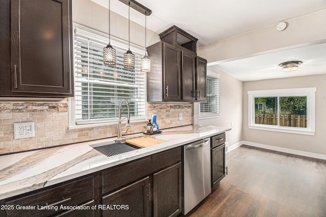 kitchen featuring dark wood-style floors, plenty of natural light, a sink, and dishwasher