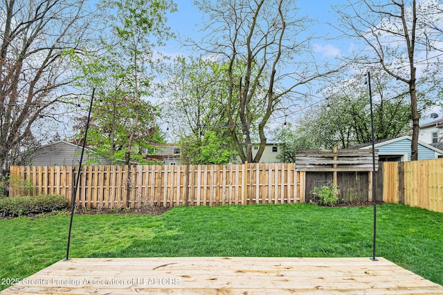 view of yard featuring a deck and a fenced backyard