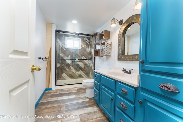 2820 N Lima Center Rd, Dexter, MI 48130 - full bath with a stall shower, vanity, toilet, and wood finished floors