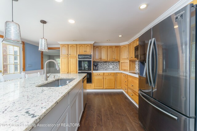 2820 N Lima Center Rd, Dexter, MI 48130 - kitchen with a sink, stainless steel appliances, ornamental molding, light stone counters, and dark wood-style flooring