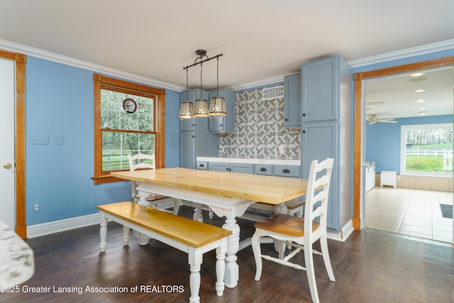 2820 N Lima Center Rd, Dexter, MI 48130 - dining area featuring baseboards, dark wood-style flooring, ornamental molding, and ceiling fan