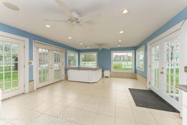 2820 N Lima Center Rd, Dexter, MI 48130 - unfurnished sunroom featuring a hot tub, french doors, and recessed lighting