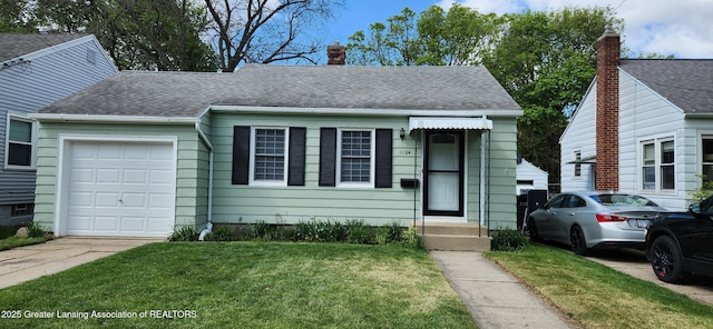 view of front of home with an attached garage, a shingled roof, a chimney, and a front lawn