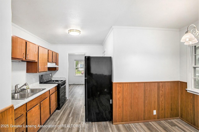 1124 Poxson Ave, Lansing, MI 48910 - kitchen with black appliances, a sink, brown cabinetry, under cabinet range hood, and light wood-type flooring