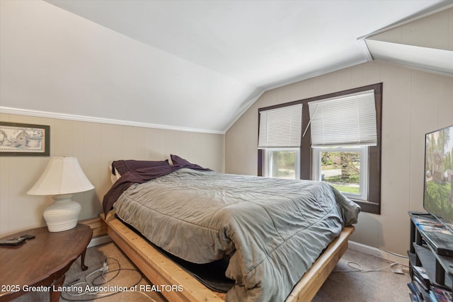carpeted bedroom with vaulted ceiling