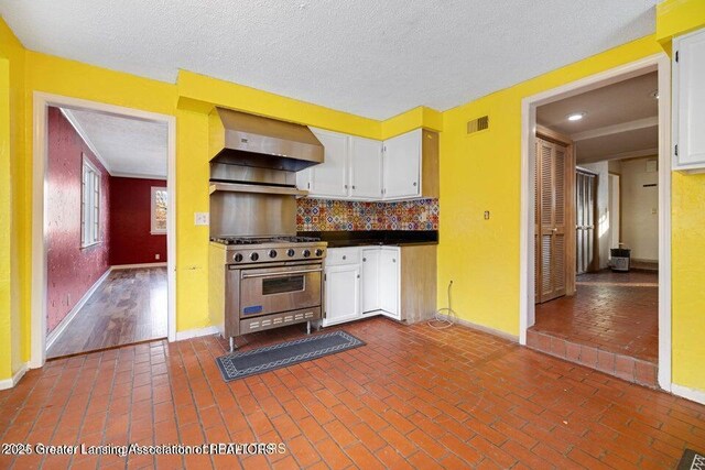 kitchen with high end stainless steel range, extractor fan, white cabinetry, baseboards, and tasteful backsplash