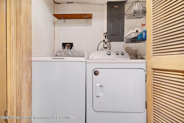 laundry area with independent washer and dryer, wallpapered walls, and electric panel