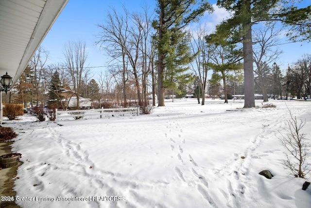 view of yard layered in snow