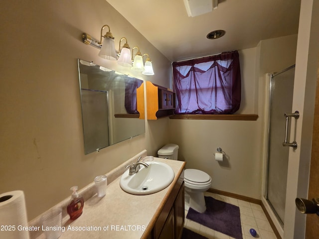 bathroom featuring a stall shower, toilet, tile patterned flooring, and vanity