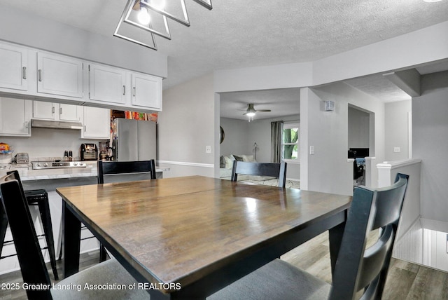 910 Pecos Dr, Lansing, MI 48917 - dining room featuring a ceiling fan, dark wood-style floors, and a textured ceiling