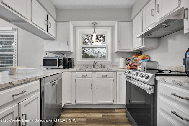 910 Pecos Dr, Lansing, MI 48917 - kitchen with stainless steel appliances, under cabinet range hood, a sink, and white cabinetry