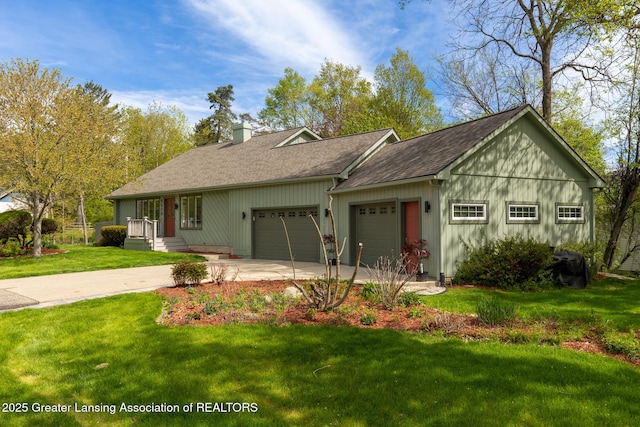 single story home with a garage, a front lawn, driveway, a chimney, and a shingled roof