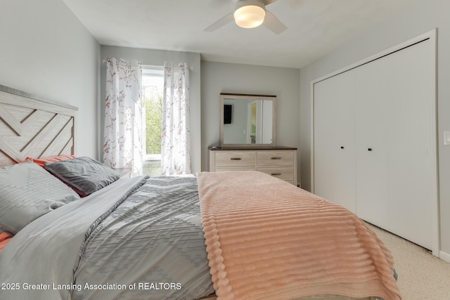 bedroom featuring a closet, carpet floors, and ceiling fan