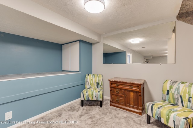living area with a textured ceiling, carpet flooring, and baseboards