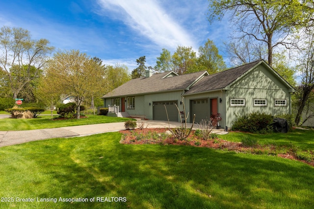 ranch-style house with an attached garage, a front yard, and driveway