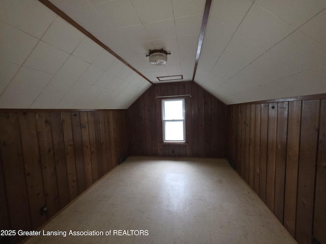 526 Fenton St, Lansing, MI 48910 - additional living space featuring wooden walls, vaulted ceiling, and light floors