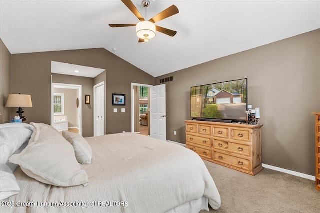 bedroom with lofted ceiling, light carpet, baseboards, a closet, and ceiling fan