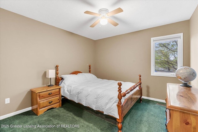 bedroom with dark carpet, baseboards, and ceiling fan