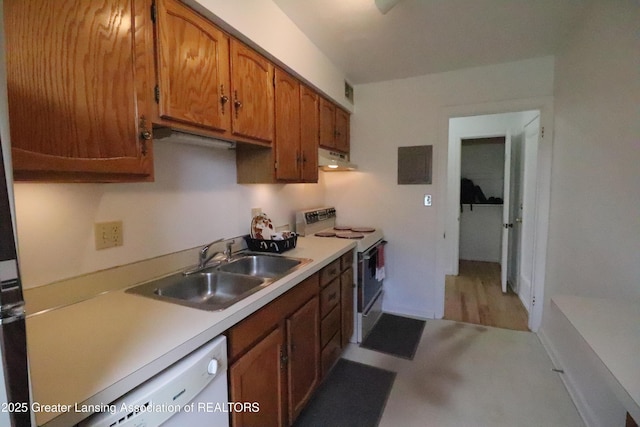 kitchen featuring white appliances, a sink, under cabinet range hood, and light countertops