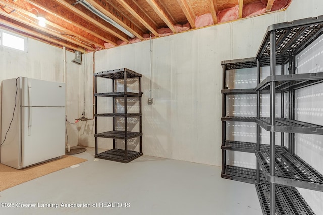 basement with freestanding refrigerator