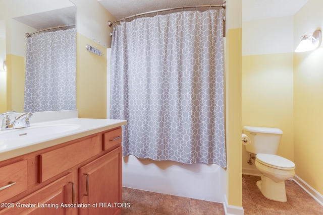 full bathroom with toilet, tile patterned floors, shower / bathtub combination with curtain, and vanity