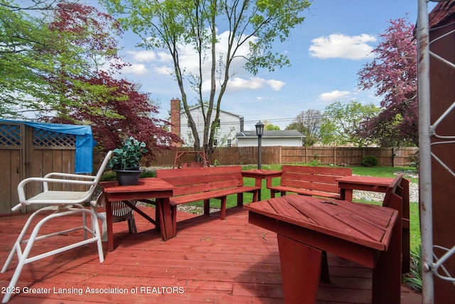 wooden deck with a fenced backyard