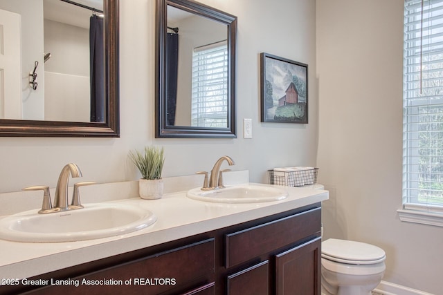 bathroom with toilet and double vanity