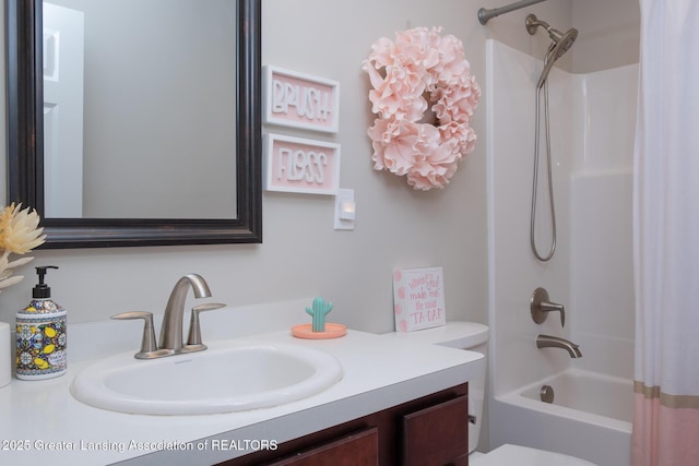 bathroom with vanity, toilet, and shower / bathtub combination with curtain