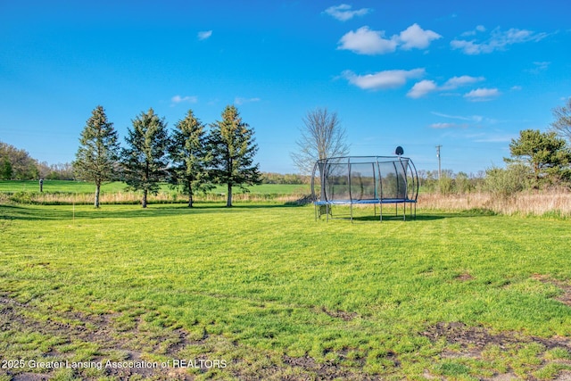view of grassy yard featuring a trampoline