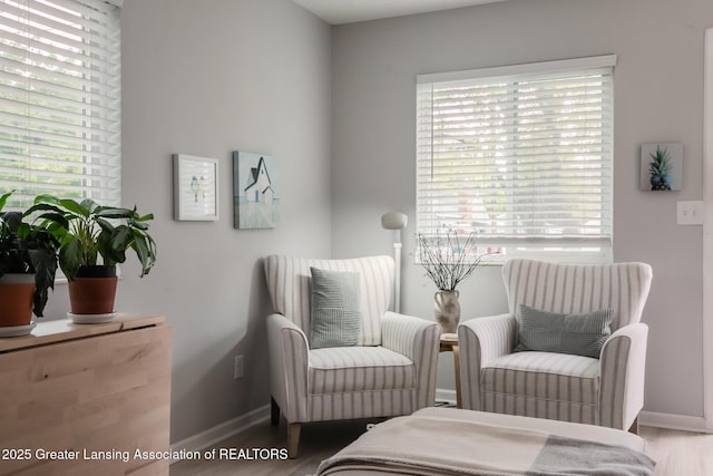 living area with wood finished floors, healthy amount of natural light, and baseboards