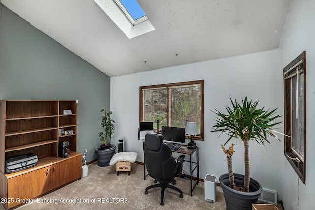 5431 Wild Oak Dr, East Lansing, MI 48823 - office area with a skylight, light colored carpet, lofted ceiling, a textured ceiling, and baseboards
