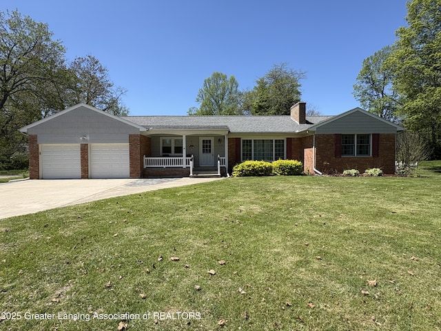 108 S Center St, Eaton Rapids, MI 48827 - ranch-style home featuring a porch, brick siding, a chimney, an attached garage, and concrete driveway