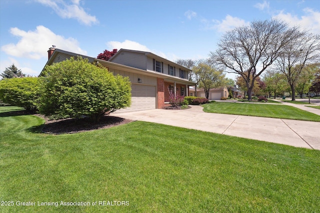view of front of home with a garage, brick siding, driveway, a front lawn, and a chimney