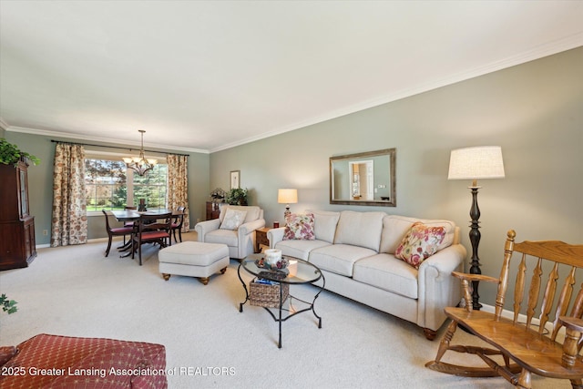 living area with a chandelier, ornamental molding, light colored carpet, and baseboards