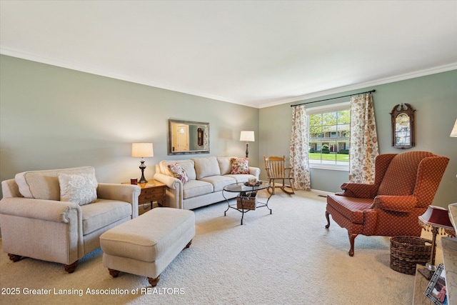 carpeted living area featuring crown molding and baseboards