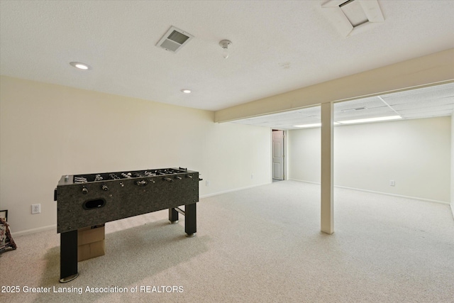 game room featuring carpet floors, baseboards, and recessed lighting