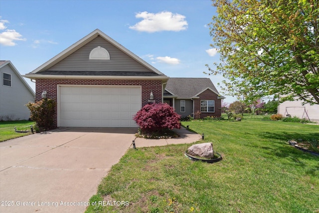 view of front facade with driveway, a front lawn, an attached garage, and brick siding