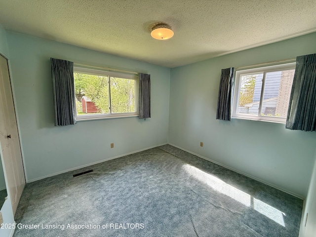 unfurnished bedroom with multiple windows, carpet floors, a textured ceiling, and baseboards