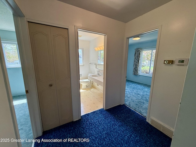 hallway with plenty of natural light, dark colored carpet, dark floors, and baseboards