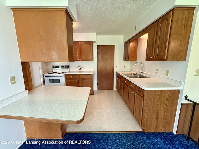 kitchen featuring white electric range oven, a sink, light countertops, brown cabinetry, and a textured ceiling